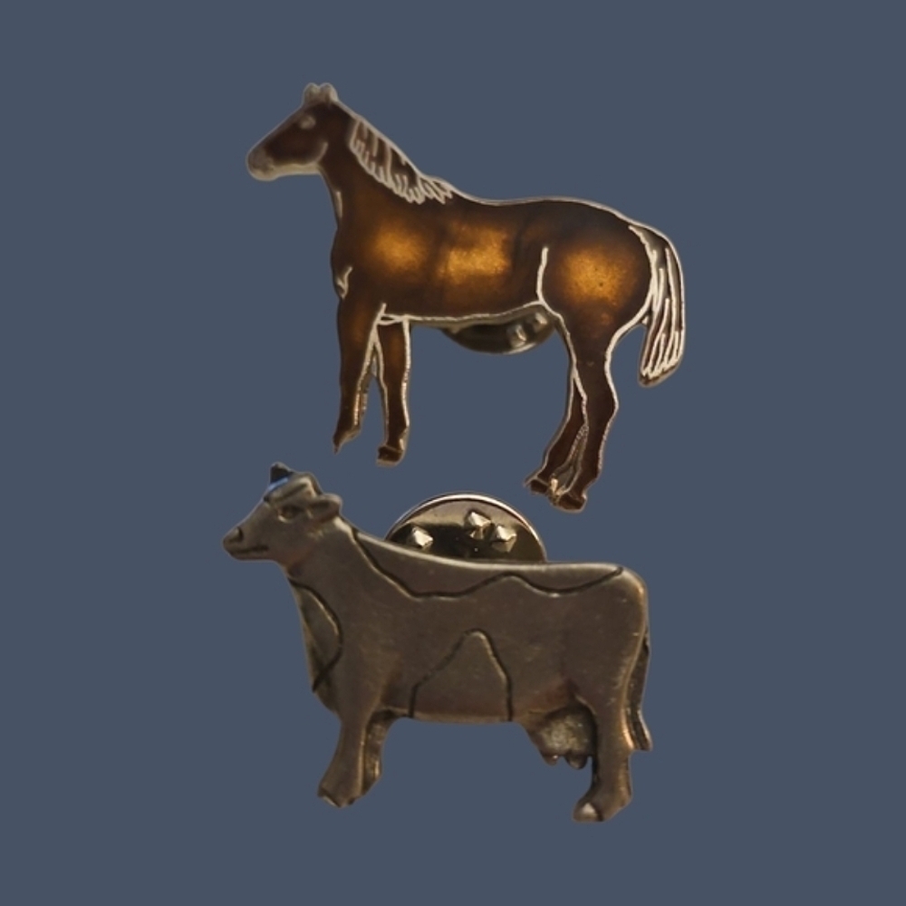 Vintage Metal Horse and Artisan Pewter Vermont Cow Lapel Hat Pins